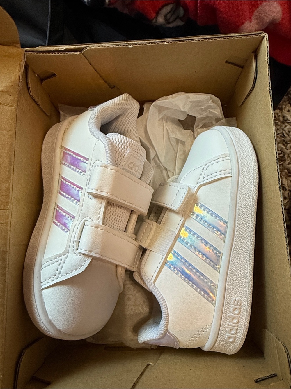 adidas Kids White Sneakers with Iridescent Stripes